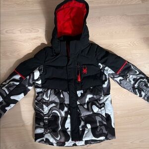 Spyder Black and White Hooded ski Jacket with Red Accents
